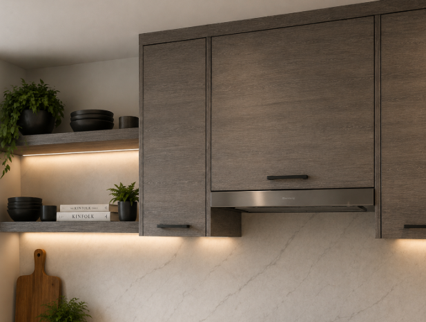 Contemporary Grey Acacia L-Shaped Kitchen Design with Quartz Countertop gallery