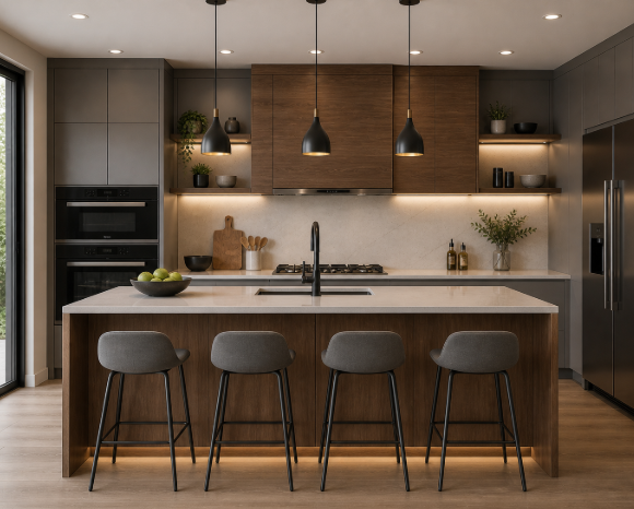 Grey and Walnut Modern Island Kitchen Design with Quartz Countertops