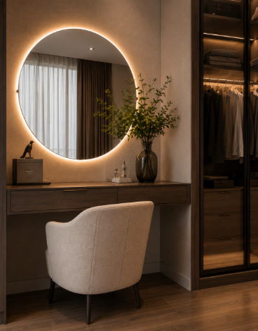 Contemporary Walnut Master Bedroom with Warm Ambient Lighting and Glass Wardrobe Design gallery