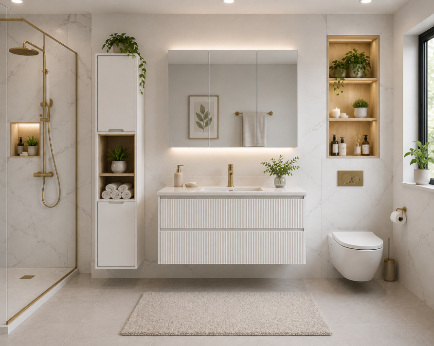 Luxury Contemporary Bathroom Furniture Design with Floating Vanity, Integrated Storage Solutions, Premium Stone Countertop and Elegant Ambient Lighting