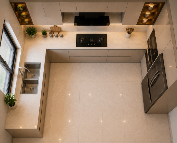 Luxury Modern L-Shaped Kitchen Design with Champagne Beige Cabinets, Seamless Storage Solutions, Premium Quartz Surfaces and Warm Ambient Illumination gallery