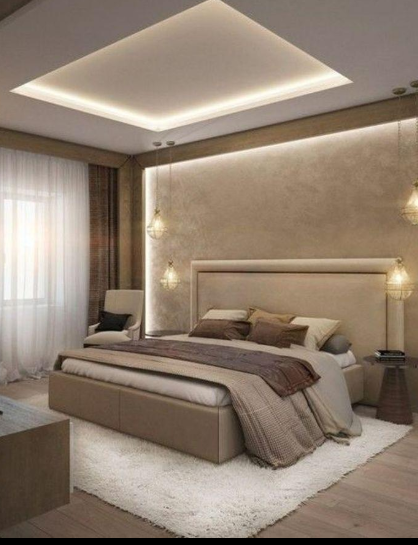 Soft Beige Master Bedroom with Layered Lighting and Upholstered Backrest