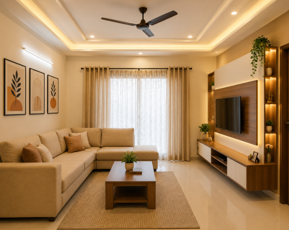 Luxury Contemporary Neutral-Tone Living Room Design with Elegant L-Shaped Sofa, Premium Wooden Coffee Table, Ambient LED Lighting and Sophisticated Modern Entertainment Wall
