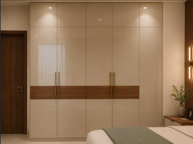 Modern Beige and Walnut Master Suite with Premium Upholstered Bed and Seamless Wardrobe Design gallery