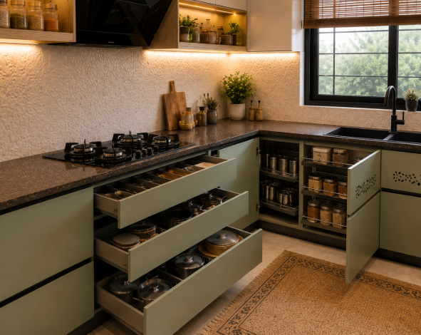Grand Luxury U-Shaped Modular Kitchen with Hydraulic Lift-Up Wall Cabinets, Ambient Cove Lighting, Designer Textured Backsplash and Intelligent Space-Saving Storage System gallery