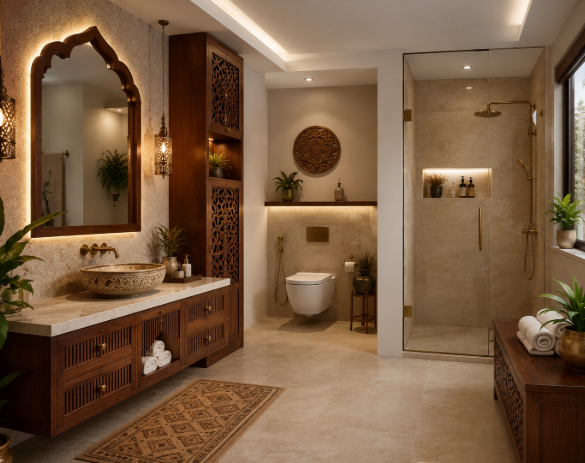 The Royal Sandstone Heritage Bathroom with Warm Walnut Luxury & Spa Elegance