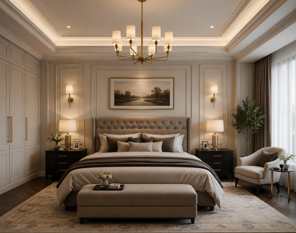 Contemporary Beige Master Bedroom with Warm Ambient Lighting