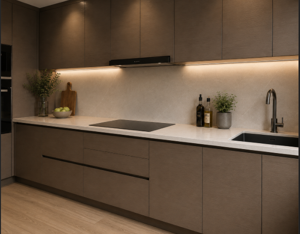 Contemporary Mocca Nat Straight Kitchen Design with Quartz Countertops gallery