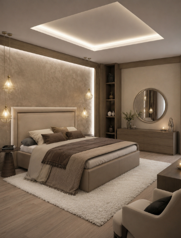 Soft Beige Master Bedroom with Layered Lighting and Upholstered Backrest gallery