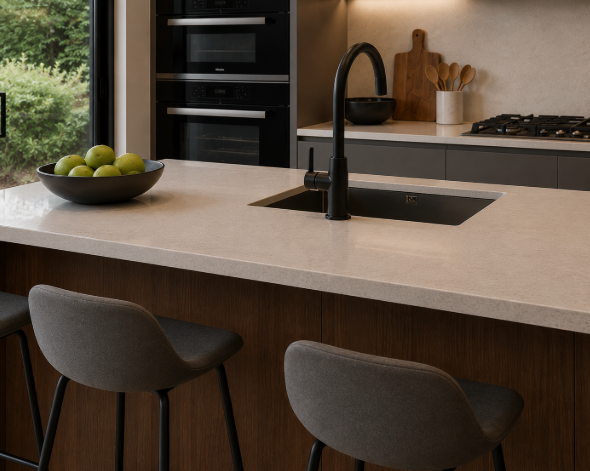 Grey and Walnut Modern Island Kitchen Design with Quartz Countertops gallery