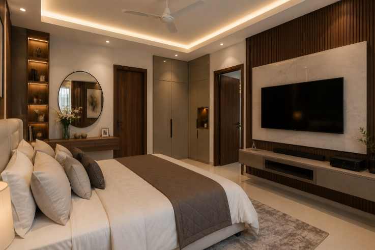 Modern Minimalist Master Bedroom with Designer Headboard Wall and Soft Neutral Palette gallery