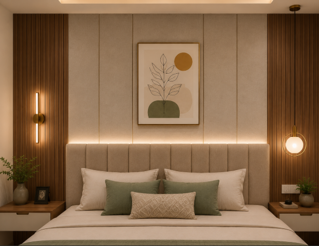 Modern Beige and Walnut Master Suite with Premium Upholstered Bed and Seamless Wardrobe Design gallery