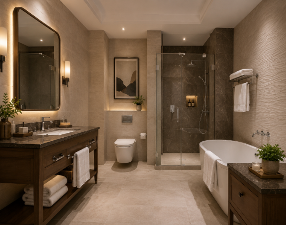 The Royal Walnut Serenity Spa Bathroom with Warm Marble Luxury and Contemporary Elegance