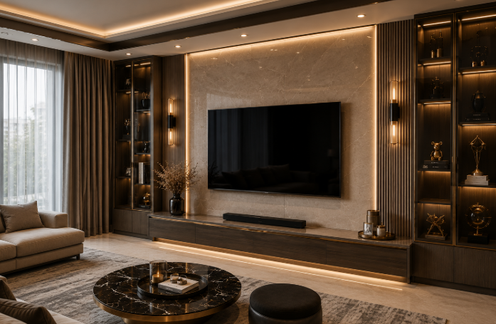 THE ROYALE MONARCH CELESTIAL PRESTIGE TV UNIT Ultra Luxury Signature Marble Entertainment Wall With Grand Ambient Display Architecture gallery
