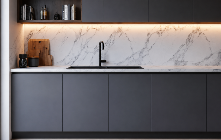 Grey L-Shaped Minimal Kitchen Design With Marble Backsplash Mirrors gallery