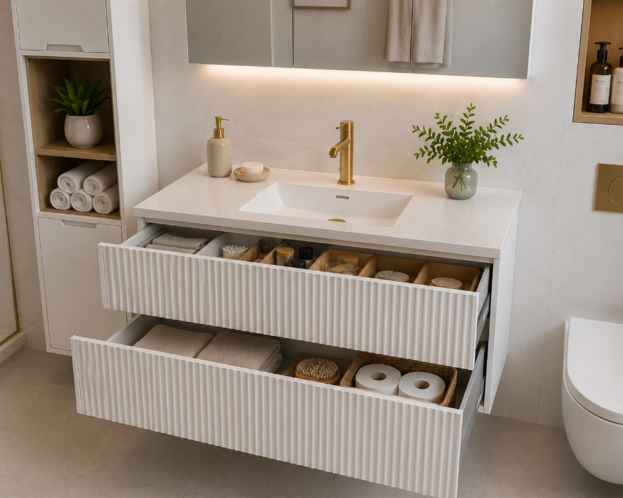 Luxury Contemporary Bathroom Furniture Design with Floating Vanity, Integrated Storage Solutions, Premium Stone Countertop and Elegant Ambient Lighting gallery