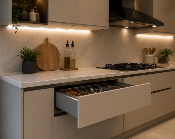 Premium Contemporary Island Kitchen Design with Soft Beige Cabinetry, LED-Lit Display Shelves and Elegant Marble Finish gallery