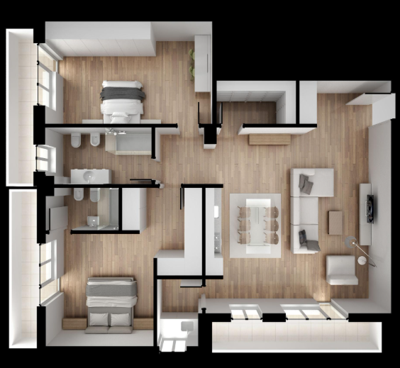 2BHK Home Interior with Coordinated Kitchen, Living and Bedroom Styling