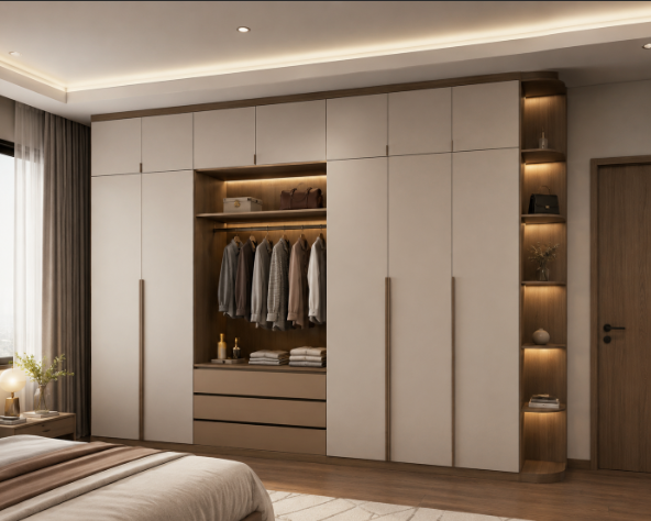 The Grand Aurelia Walnut Luxe Contemporary Modular Wardrobe Suite with Warm Ambient Elegance