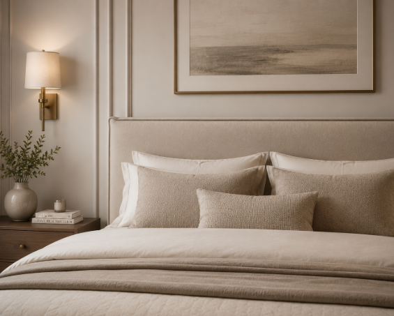 Refined Beige Bedroom with Premium Upholstered Headboard Design gallery
