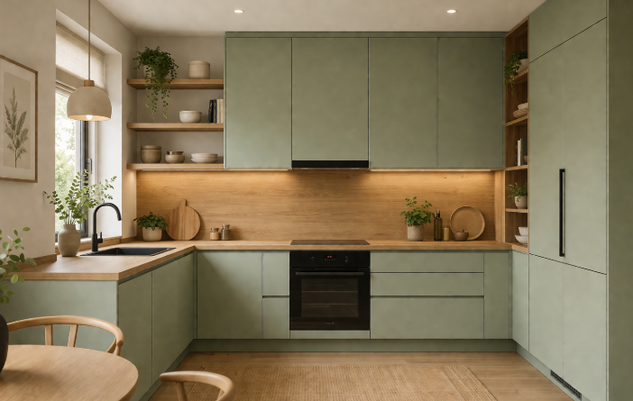 Sage Green Scandinavian L-Shaped Kitchen Design with Wooden Backsplash