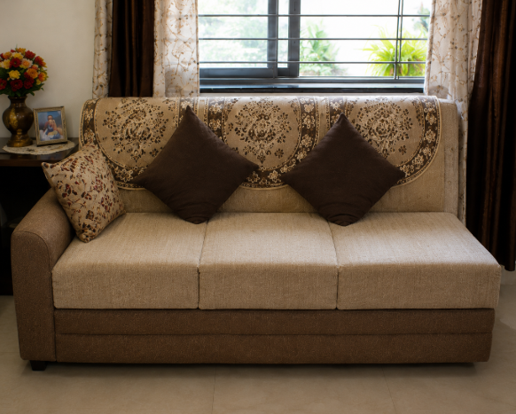 Contemporary Indian Family Living Room with Warm Walnut Entertainment Wall, Cozy Patterned Sofa Seating, Elegant Neutral Interiors, and Functional Everyday Comfort Design gallery