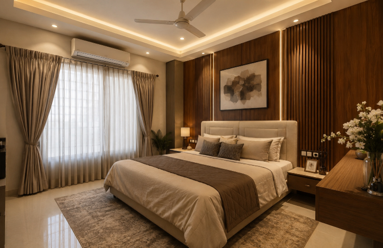 Modern Minimalist Master Bedroom with Designer Headboard Wall and Soft Neutral Palette