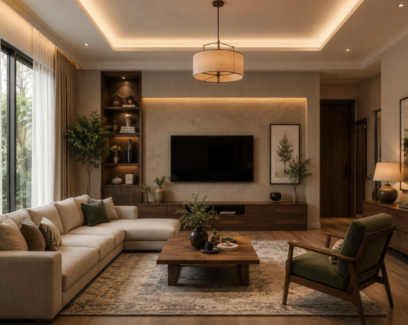 The Walnut Ember Harmony Living Lounge with Warm Minimalist Luxury and Contemporary Comfort