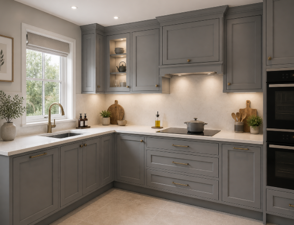 Classic L-Shaped Kitchen Design with Grey Cabinets and Drawers and Quartz Top