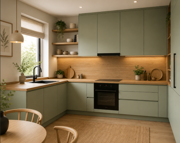 Sage Green Scandinavian L-Shaped Kitchen Design with Wooden Backsplash gallery
