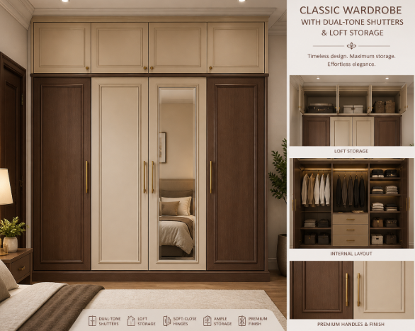 Classic Wardrobe Design with Dual-Tone Shutters and Loft Storage