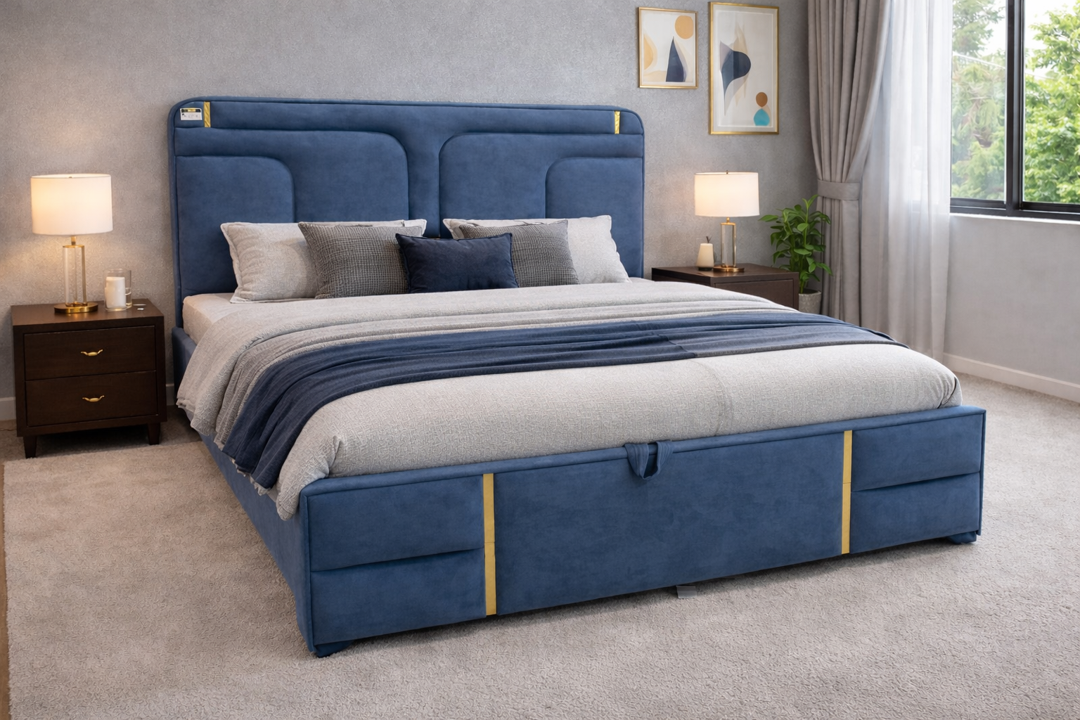 Contemporary Beige Master Bedroom with Warm Layered Lighting and Premium Upholstered Headboard