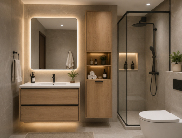 The Warm Walnut Serenity Spa Bathroom with Modern Ambient Luxury Design