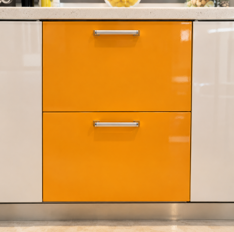 Grey and Orange Modern Eclectic U-Shaped Kitchen Design with Quartz Topdd gallery