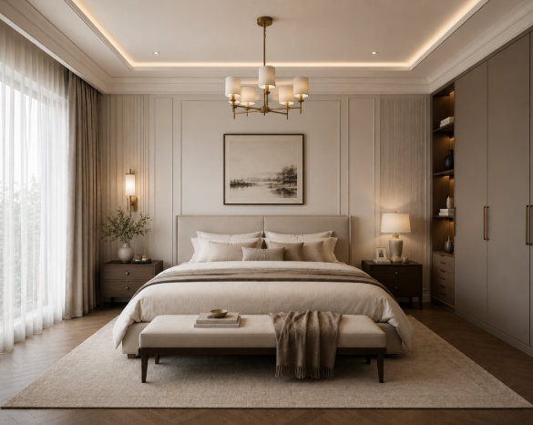 Refined Beige Bedroom with Premium Upholstered Headboard Design
