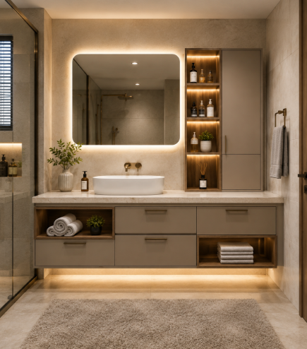 Premium Contemporary Floating Bathroom Vanity Design with Soft Beige Cabinetry, Integrated Organizer Drawers