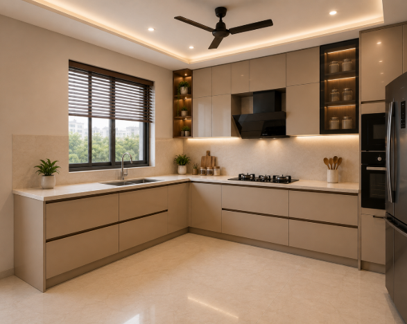 Luxury Modern L-Shaped Kitchen Design with Champagne Beige Cabinets, Seamless Storage Solutions, Premium Quartz Surfaces and Warm Ambient Illumination gallery