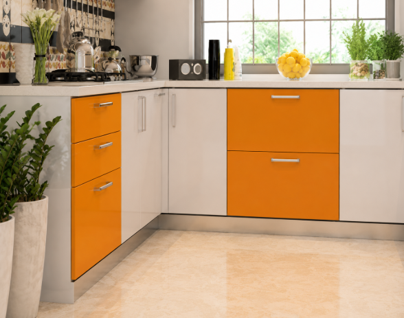 Grey and Orange Modern Eclectic U-Shaped Kitchen Design with Quartz Topdd gallery
