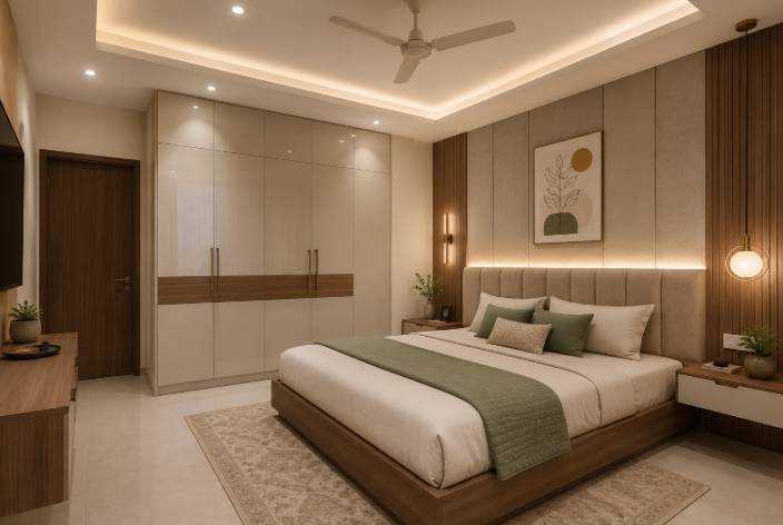 Modern Beige and Walnut Master Suite with Premium Upholstered Bed and Seamless Wardrobe Design