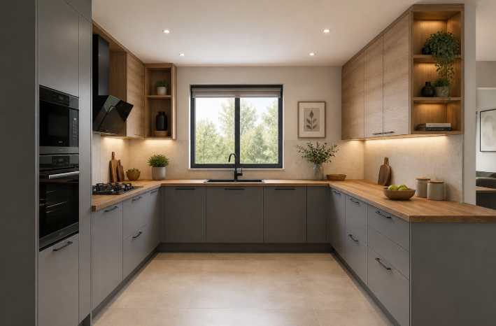 Grey and Acacia Contemporary U-Shaped Kitchen Design with Wood Countertops