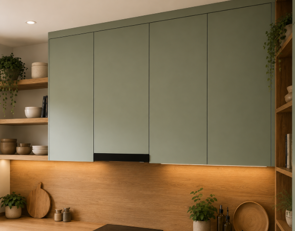 Sage Green Scandinavian L-Shaped Kitchen Design with Wooden Backsplash gallery