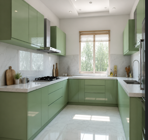 Sage Green Contemporary U-Shaped Kitchen Design with High Gloss Cabinets gallery