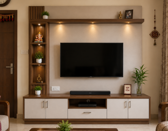 The Royal Urban Walnut Grandeur Entertainment Console A Perfect Blend of Modern Simplicity, Warm Indian Comfort & Elegant Space-Saving Design