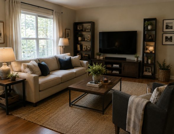 The Grand Walnut Harmony Living Lounge with Warm Ambient Elegance and Contemporary Family Comfort Design gallery