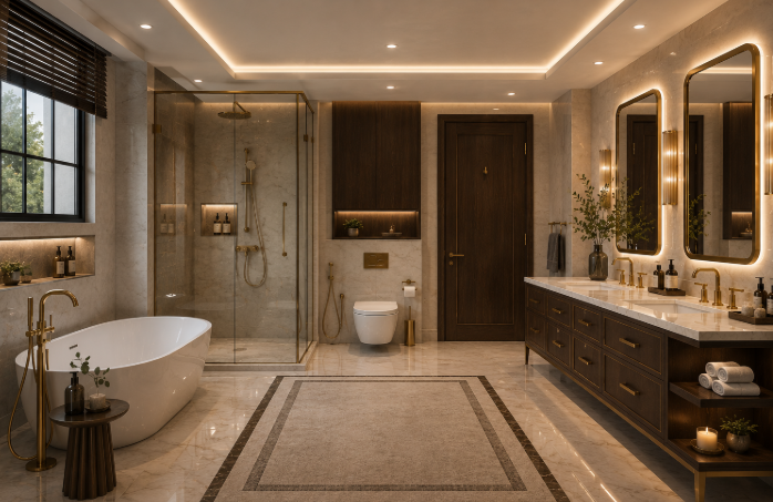 The Royal Walnut Marble Spa Retreat with Golden Ambient Luxury Vanity Design