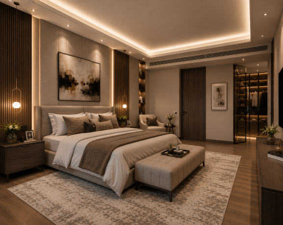 Contemporary Walnut Master Bedroom with Warm Ambient Lighting and Glass Wardrobe Design