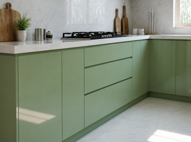 Sage Green Contemporary U-Shaped Kitchen Design with High Gloss Cabinets gallery