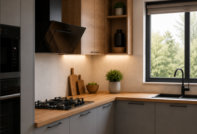 Grey and Acacia Contemporary U-Shaped Kitchen Design with Wood Countertops gallery