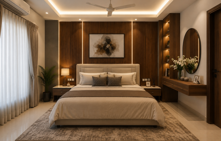 Modern Minimalist Master Bedroom with Designer Headboard Wall and Soft Neutral Palette gallery