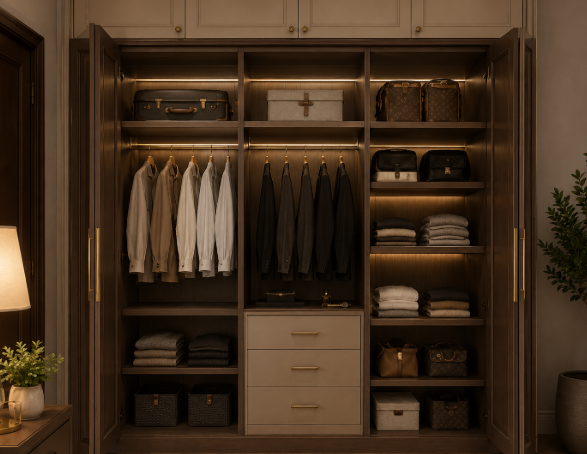 Classic Wardrobe Design with Dual-Tone Shutters and Loft Storage gallery